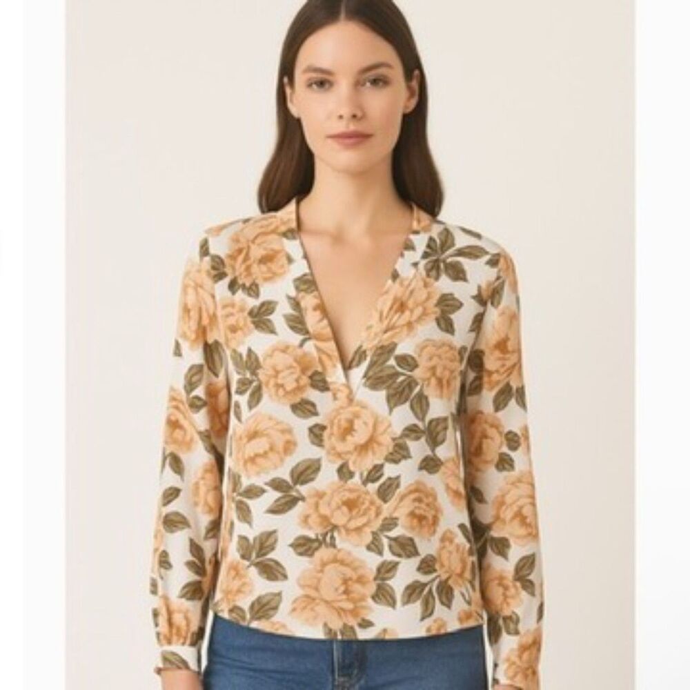 Reformation Floral Top V Neck Sz S Romantic Peach Rose Print Long Sleeve Flowy